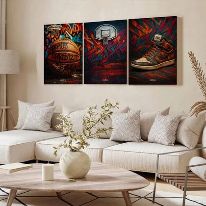 Imagem de Kit 3 Quadro Decorativo Basquete Bola Cesta Tênis Quarto Sala 40x28cm