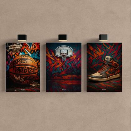 Imagem de Kit 3 Quadro Decorativo Basquete Bola Cesta Tênis Quarto Sala 40x28cm