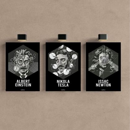Imagem de Kit 3 Quadro Decorativo Física Einstein Tesla Newton Ciencia 40x28cm