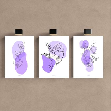 Imagem de Kit 3 Quadro Decorativo Flores Roxo Sala Quarto Moderno Arte 28x20cm