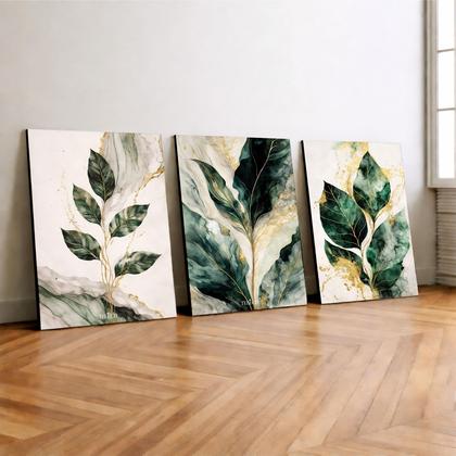 Imagem de Kit 3 Quadro Decorativo Folhas Botânico Dourado Marmorizado Luxo