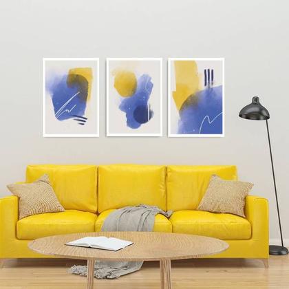 Imagem de Kit 3 Quadros Abstratos Azul e Amarelo 45x34cm - com vidro