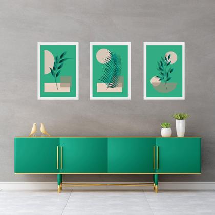 Imagem de Kit 3 Quadros Abstratos Folhas Fundo Verde 33x24cm - com vidro
