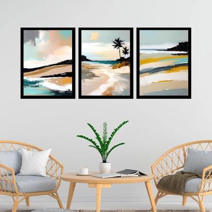 Imagem de Kit 3 Quadros Abstratos Praia Estilo Pintura 33X24Cm - Vidro