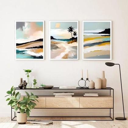 Imagem de Kit 3 Quadros Abstratos Praia Estilo Pintura 45X34Cm