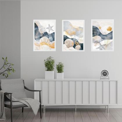 Imagem de Kit 3 Quadros Abstratos Tema Praia Neutros 33x24cm - com vidro