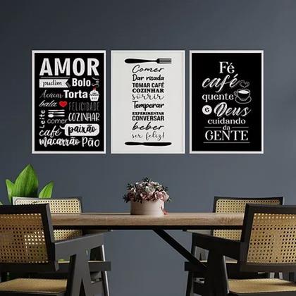 Imagem de Kit 3 Quadros Amor Comida Café 24x18cm - com vidro