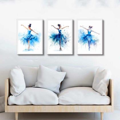 Imagem de Kit 3 Quadros Bailarinas Azul - Aquarela 45x34cm - com vidro