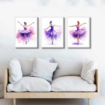 Imagem de Kit 3 Quadros Bailarinas Lilás - Aquarela 33X24Cm - Vidro