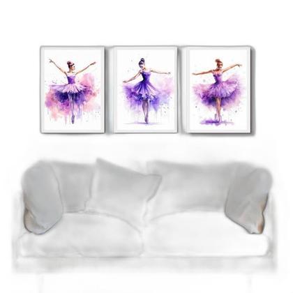 Imagem de Kit 3 Quadros Bailarinas Lilás - Aquarela 45X34Cm