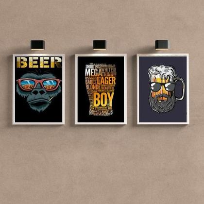 Imagem de Kit 3 Quadros Bar Barbearia Beer Boy 24x18cm - Madeira Branca