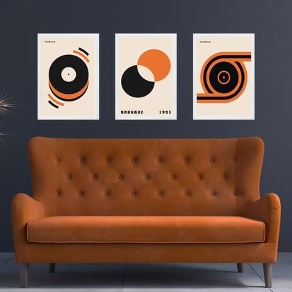Imagem de Kit 3 Quadros Bauhaus Laranja e Preto - Círculos 45x34cm - com vidro