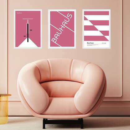Imagem de Kit 3 Quadros Bauhaus Rosa e Branco 45x34cm