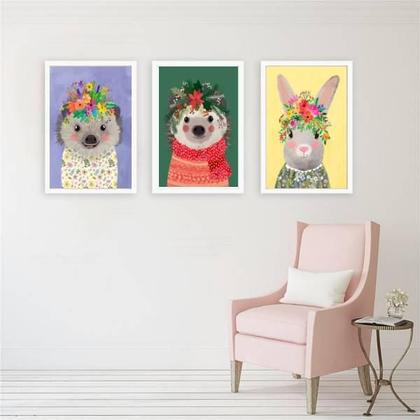 Imagem de Kit 3 Quadros Bichinhos Com Coroa 24X18Cm