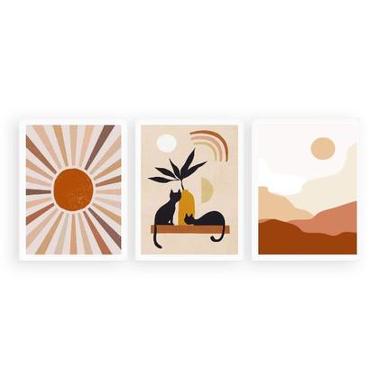 Imagem de Kit 3 Quadros Boho Gatos Sol E Lua 24x18cm