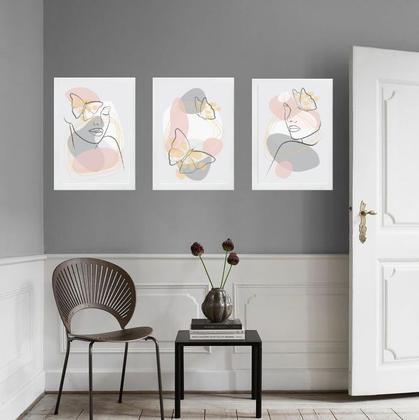 Imagem de Kit 3 Quadros Borboletas Abstratas Rosa e Cinza 24x18cm - com vidro