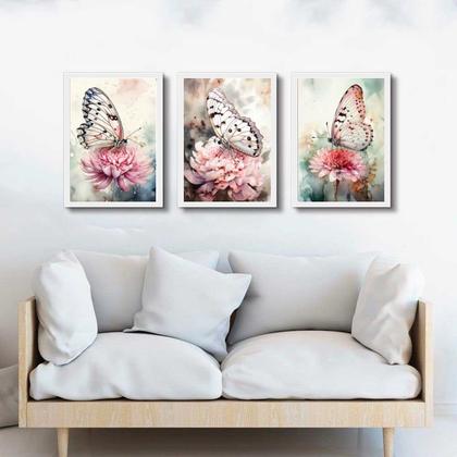 Imagem de Kit 3 Quadros Borboletas e Flores Aquarela 24x18cm - com vidro