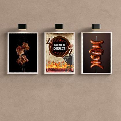 Imagem de Kit 3 Quadros Cantinho Churrasco Fotografias Carnes 33x24cm - com vidro