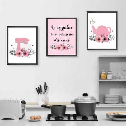 Imagem de Kit 3 Quadros Cozinha Coração Da Casa Rosa 33x24cm - com vidro