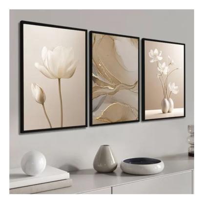 Imagem de Kit 3 Quadros Decorativos Abstrato Flores Bege Boho 60x40cm