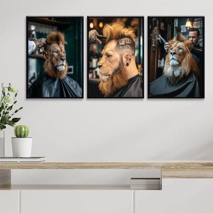 Imagem de Kit 3 Quadros Decorativos Barbearia - Leão 33X24Cm