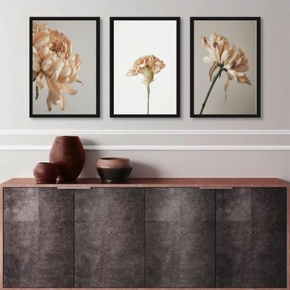 Imagem de Kit 3 Quadros Decorativos Elegantes Flores Bege 45x34cm - com vidro