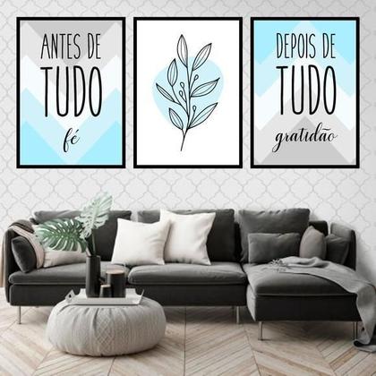 Imagem de Kit 3 Quadros Decorativos Fé E Gratidão Azul E Cinza