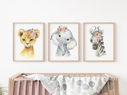 Imagem de Kit 3 Quadros Decorativos Infantil Moldura Animais Flores Quarto Menina Bebê Decoração Maternidade