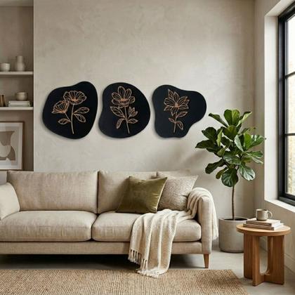 Imagem de Kit 3 Quadros Decorativos MDF Floral Moderno para Parede Sala