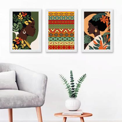 Imagem de Kit 3 Quadros Decorativos Mulheres AfricanasEstampas 24x18cm - com vidro