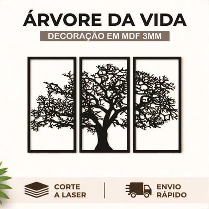 Imagem de Kit 3 Quadros Decorativos Vazados MDF Preto Fosco Árvore da Vida para Sala e Quarto