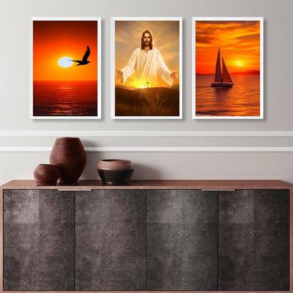 Imagem de Kit 3 Quadros Evangélicos Jesus Por Do Sol 33x24cm - com vidro