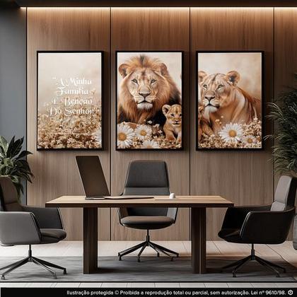 Imagem de Kit 3 Quadros Familia Leão Versiculo Benção 122x60 Para Sala