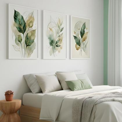 Imagem de Kit 3 Quadros Folhagem Verde Dourado Aquarela Moldura