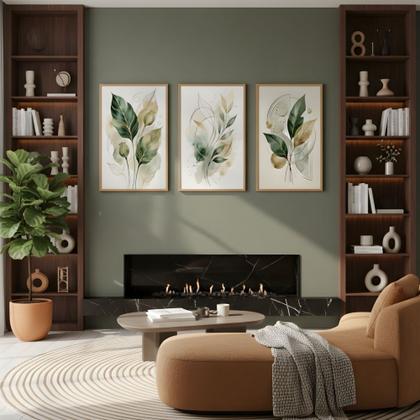Imagem de Kit 3 Quadros Folhagem Verde Dourado Aquarela Moldura