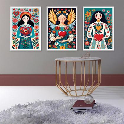 Imagem de Kit 3 Quadros Folk Art - Mulheres Coração 45x34cm - com vidro