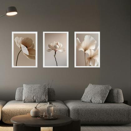 Imagem de Kit 3 Quadros Fotos Suaves Flores Bege Para Sala ou Quarto 33x24cm - com vidro