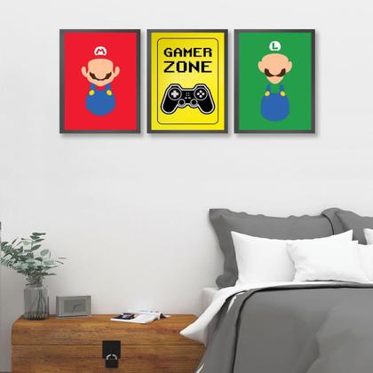 Imagem de Kit 3 Quadros Gamer Zone Coloridos 33x24cm - com Vidro