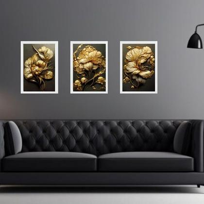 Imagem de Kit 3 Quadros Gravuras Flores Douradas 33x24cm - com vidro