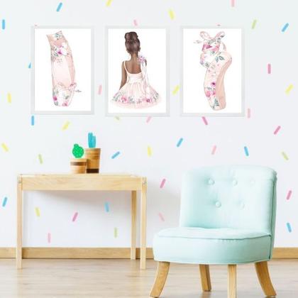 Imagem de Kit 3 Quadros Infantis Bailarinas Morenas 24x18cm - com vidro