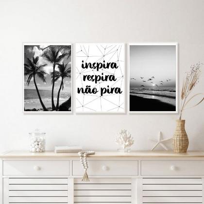 Imagem de Kit 3 Quadros Inspira Respira Não Pira Praia Preto E Branco 24x18cm - com vidro
