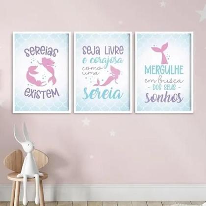 Imagem de Kit 3 Quadros Menina - Sereias Existem 33X24Cm - Com Vidro