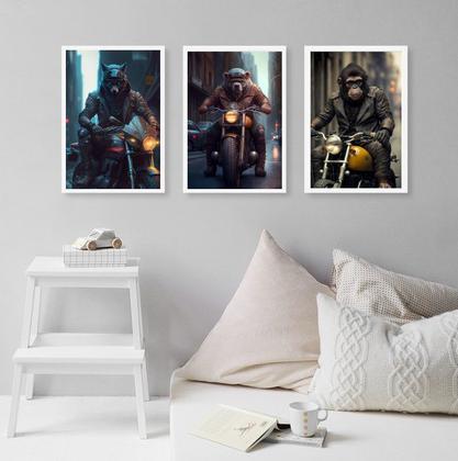 Imagem de Kit 3 Quadros Motoqueiros Animais 33x24cm