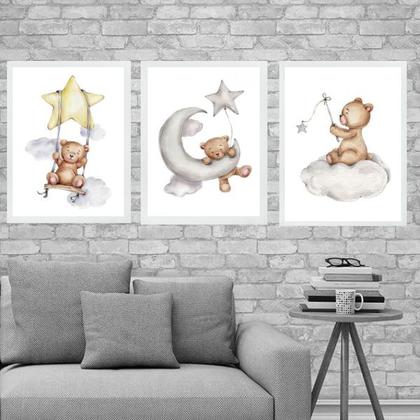 Imagem de Kit 3 Quadros Para Quarto De Bebê Ursinhos 24x18cm
