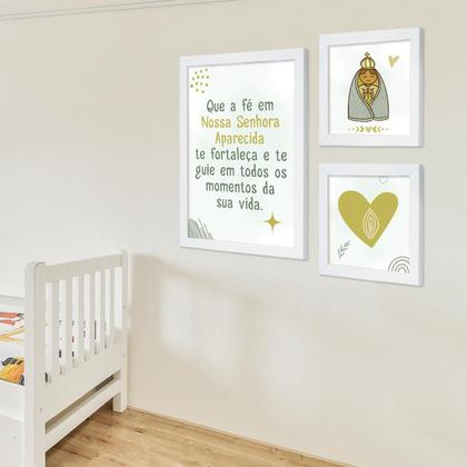 Imagem de Kit 3 Quadros para Quarto Infantil Bebê com Moldura Oração Anjo Nossa Senhora Jesus sem vidro