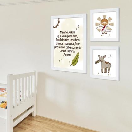 Imagem de Kit 3 Quadros para Quarto Infantil Bebê com Moldura Oração Anjo Nossa Senhora Jesus sem vidro