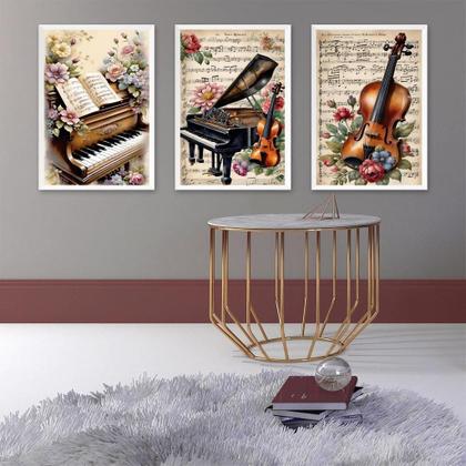 Imagem de Kit 3 Quadros Piano E Violino Vintage - Flores 24X18Cm Vidro