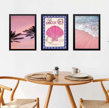Imagem de Kit 3 Quadros Praia Azul e Rosa - La Dolce Vita 24x18cm - com vidro