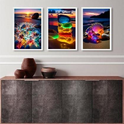 Imagem de Kit 3 Quadros Praia Pedras Coloridas Iluminadas 33X24Cm