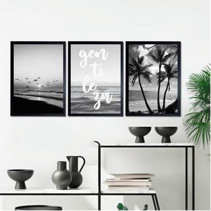 Imagem de Kit 3 Quadros Praia Preto E Branco Gentileza 33X24Cm - Vidro